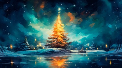 Obraz premium colorful abstract happy christmas tree at snowy night, wallpaper, template, Horizontal background / banner for celebrations and invitation cards, copy space for text 