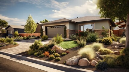 Suburban home shown with xeriscape landscaping on Streetview - obrazy, fototapety, plakaty