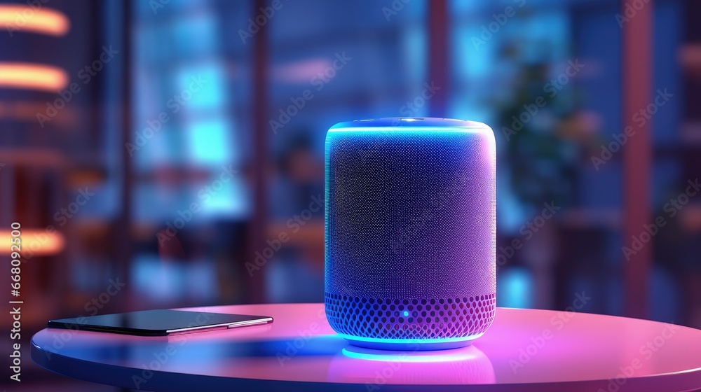 Poster Voice controlled smart speaker on the table executing commands to control the Internet of things