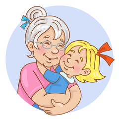 Happy family. Cute grandmother hugging her little granddaughter. Avatar icon in cartoon style. Isolated on white background. Vector flat illustration