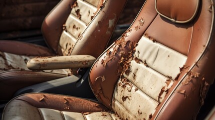 Worn out cream colored leather car seats with age marks and scrapes