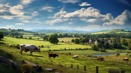 Fototapeta na wymiar Picturesque countryside scene with attractive fields and thriving animals in the stunning Cotswolds England