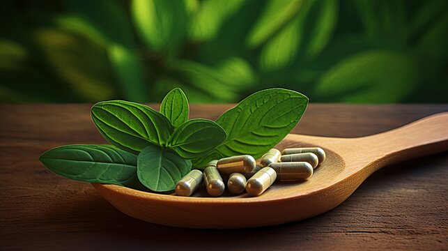Wooden spoon holding green leaf with alternative medicine tablets