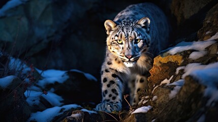 Snow leopard in the dark rock mountain in Hemis National Park Kashmir India Wildlife scene from Asia Beautiful big cat in its habitat Wildlife scene from nature