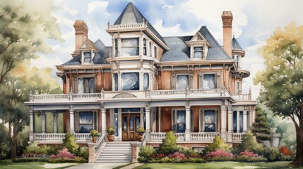 A painting of a victorian house with a porch, AI - obrazy, fototapety, plakaty