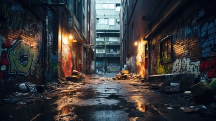 An alleyway with graffiti and trash on the walls, AI © starush