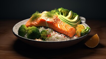Rice bowl with salmon broccoli and avocado