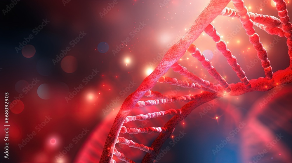 Poster red background with a dna helix molecule