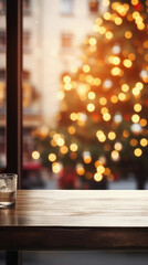 Empty wooden table in front of blurred Christmas tree background. Mock up.