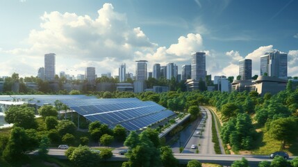 Urban solar panel factory with eco friendly city landmarks - obrazy, fototapety, plakaty