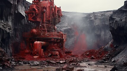Red drilling machine in quarry mining - obrazy, fototapety, plakaty