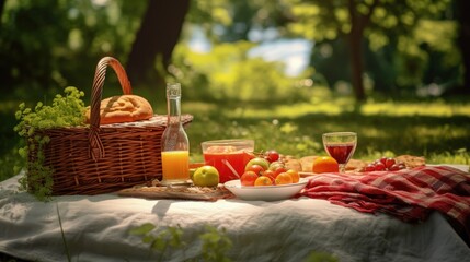 Summer picnic with wicker basket food juice on park blanket