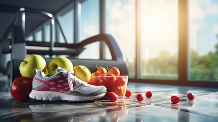 The idea of a healthy lifestyle clean nutritious food exercise with gym equipment and fitness center with weight scale and sports shoes - obrazy, fototapety, plakaty