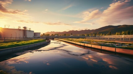 Sunset at wastewater treatment plant with tanks for aerating and cleaning sewage