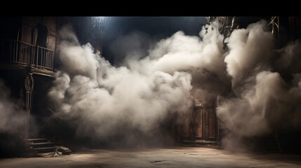 Theatrical set with fake fog and haze over a dark background