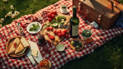 Picnic spread featuring items on grass