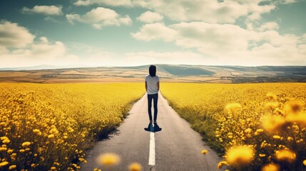 Vintage toned Instagram filtered picture of a deserted road and yellow flowery field