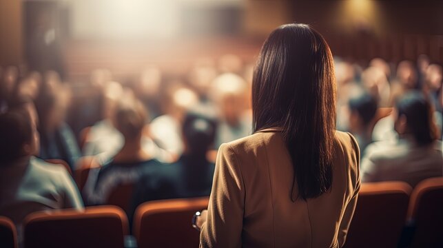 Unidentified attendee watches female motivational speaker at entrepreneurship workshop