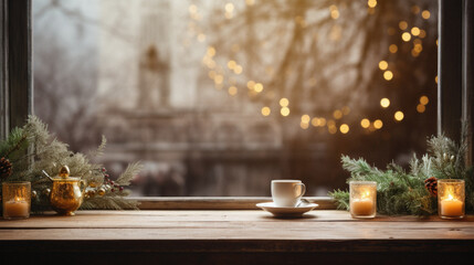 Fototapeta premium Coffee cup with christmas decoration on wooden table in front of window.