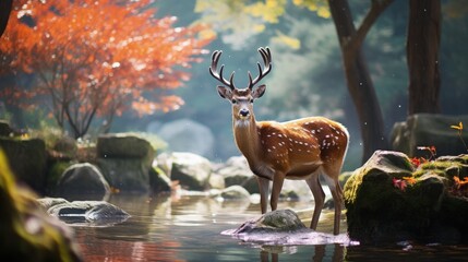 Sika deer also known as celebrity deer can be found in Nara Japan and are beautiful animals - obrazy, fototapety, plakaty