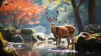 Fotobehang Sika deer also known as celebrity deer can be found in Nara Japan and are beautiful animals © vxnaghiyev