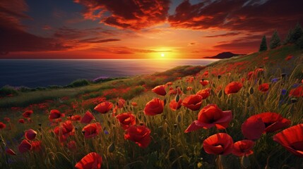 Fototapeta na wymiar Sunny field with colorful flowers under the setting sun