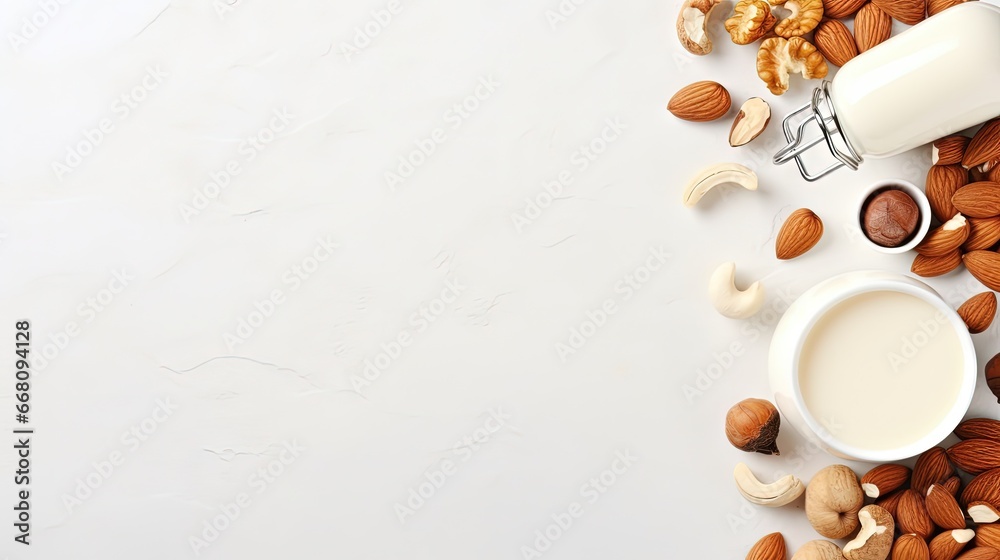 Aufkleber Text space available on flat surface with vegan milk and assorted nuts