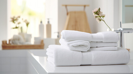 Fototapeta na wymiar Towels made of white cotton sit on a white table
