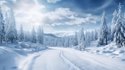 Fototapeta na wymiar Scenic winter road through mountain forest Gorgeous snow landscape
