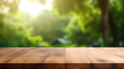 Wooden table with blurred green park background ideal for showcasing products or using as a banner for online advertising or nature themed business presentations