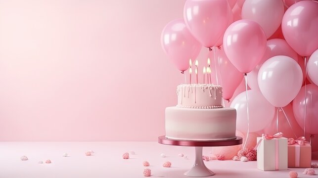 Trendy cake with balloons party decor and copy space Suitable for birthdays weddings baptisms and autumn celebrations