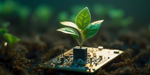 Small vegetation sprout growing from a circuit board sown in the earth. Interplay of nature and technology with a delicate balance between the organic and the artificial. - obrazy, fototapety, plakaty