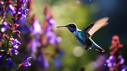 Fototapeta premium Beautiful vividly colored hummingbird drinking birds picture Ai generated art