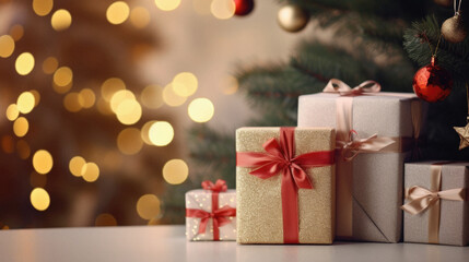 Gift boxes and Christmas tree on blurred lights background, closeup.