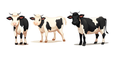 Set of black and white Cows. Flat Vector Illustration Isolated on white background