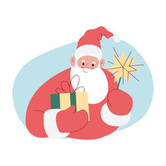 Modern flat vector illustration of cheerful Santa Claus, holding gift box and firework, wearing red clothes
