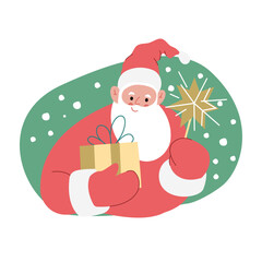 Modern flat vector illustration of cheerful Santa Claus, holding gift box and firework, wearing red clothes on xmas background 