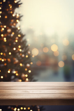 Wooden table top on blur christmas tree with bokeh background.