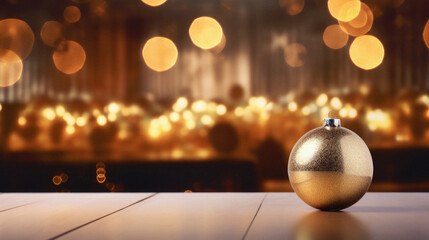 Golden Christmas ball on a wooden table against blurred christmas lights background.
