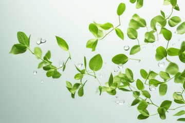 Obraz premium Green Floating Leaves. Banner with Flying Dancing Leaf