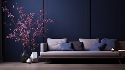 Contemporary Midnight Blue: Cozy and elegant atmosphere Home Interior Backdrop, Mockup Style, Template
