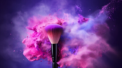 Makeup brush with pink and purple powder explosion