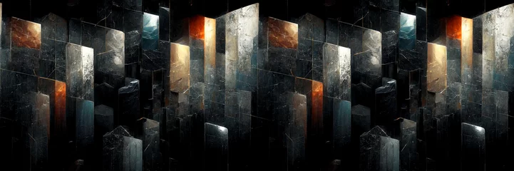 Fotobehang Dark abstract panoramic background. Modern futuristic mosaic pattern of various geometric shapes and polygons. Wide rough texture background with seamless pattern. Perfect for design. Generative AI. © Andrei Stepanov