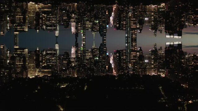Aerial view of modern downtown skyscrapers in large city in evening. Hyperlapse shot of silhouettes against sky at dusk, New York, USA. Abstract computer effect digital composed footage