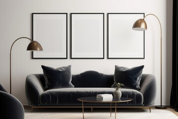Three frames mockup with dark sofa in a modern living room interior, 3d render, Generative AI