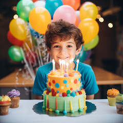Fototapeta na wymiar unusual cake with candles for a boy's birthday with balloons on background