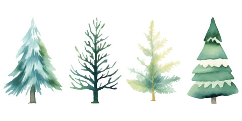 Watercolor Christmas trees vector set, decorated lights on white background