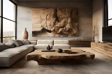 Moderne Eleganz: Skandinavisches Wohnzimmer mit stilvoller Echtholz Dekoration - obrazy, fototapety, plakaty