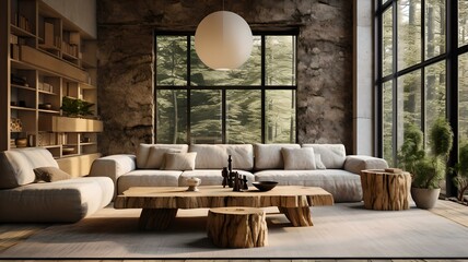 Skandinavisch inspiriertes Wohnzimmer: Modernes Ambiente mit Echtholz Deko - obrazy, fototapety, plakaty
