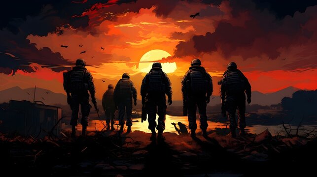 Silhouette of the Army Soldiers. Concept of Israeli and Hamas military crisis, conflict between Israel and Gaza Strip. Israel and Palestine war, terrorism. Generative AI.